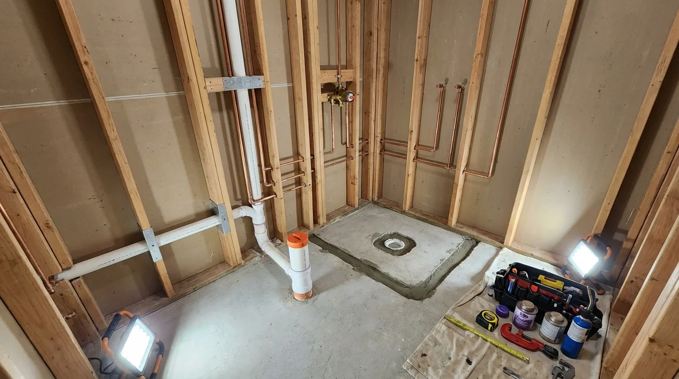 Bathroom rough-in plumbing during remodel by Johns Plumbing LLC in Walworth