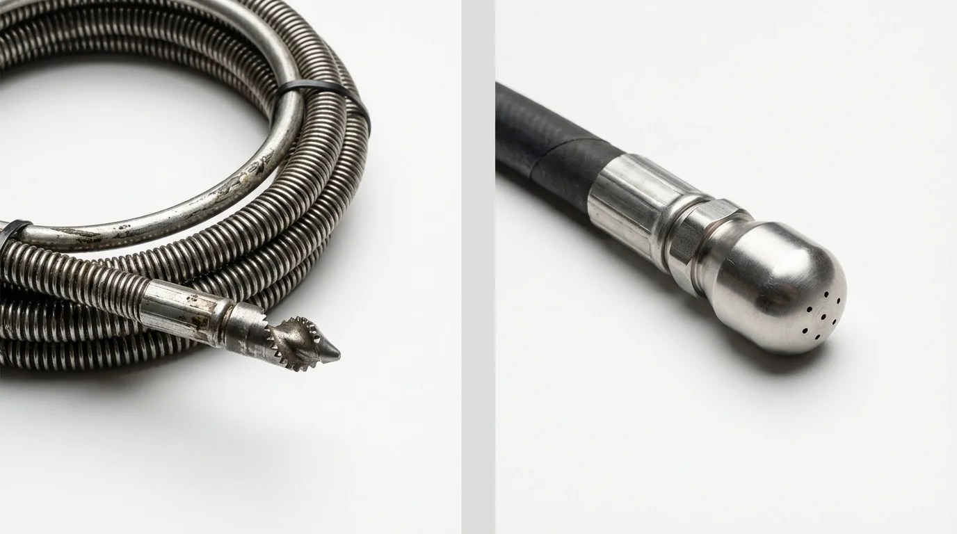 Drain snake cable and hydro jetting nozzle used for drain cleaning in Walworth, WI