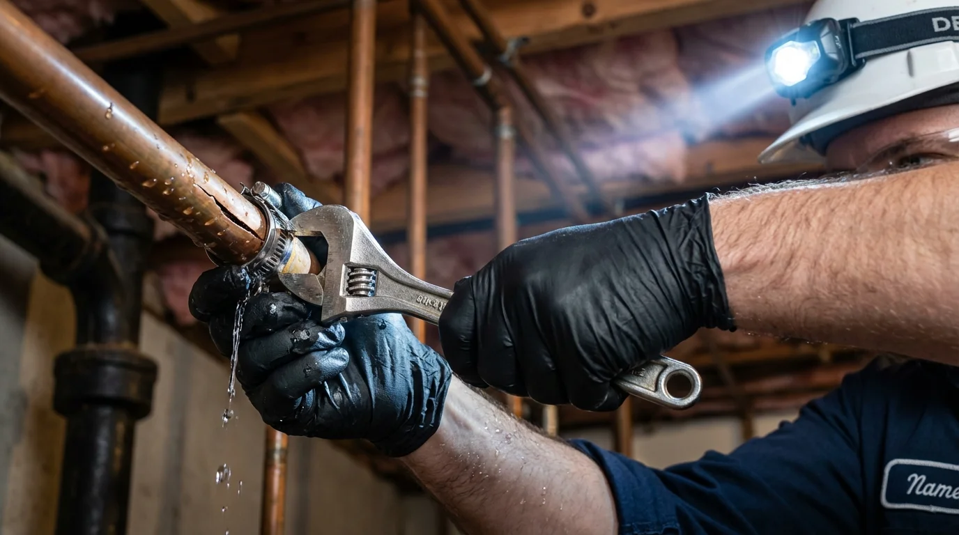 Emergency pipe clamp repair being performed by a Johns Plumbing LLC plumber in Walworth