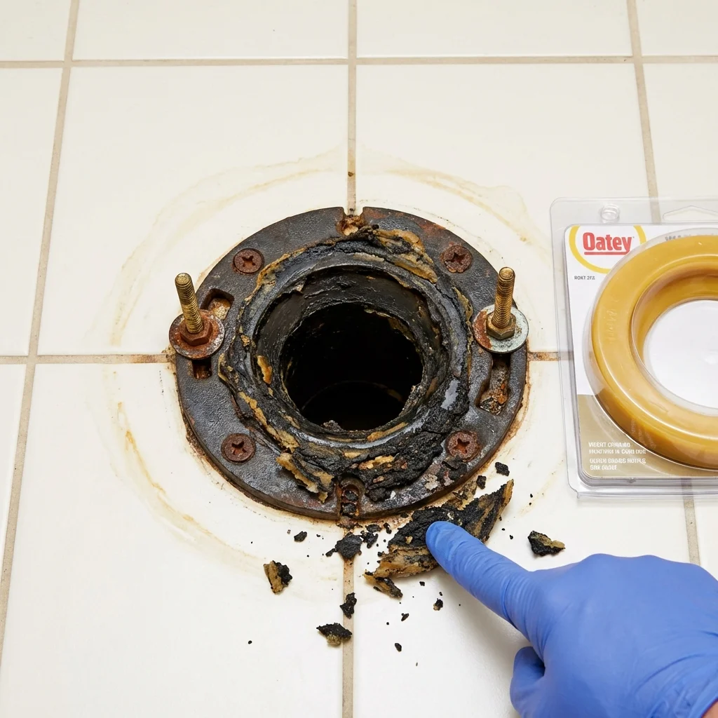 Failed wax ring showing water seepage at the base of a toilet in a Walworth, WI home